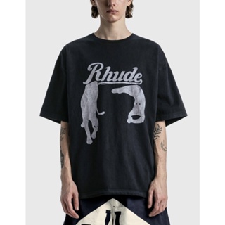 1QKO RHUDE spring and summer retro night cat printed high street short sleeve T-shirt cotton 260g