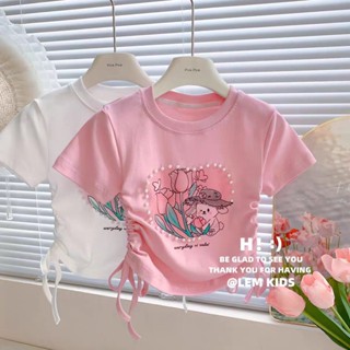 Cream half-sleeved ice silk blouse 23 summer new girls pearl sweet cartoon short-sleeved T-shirt