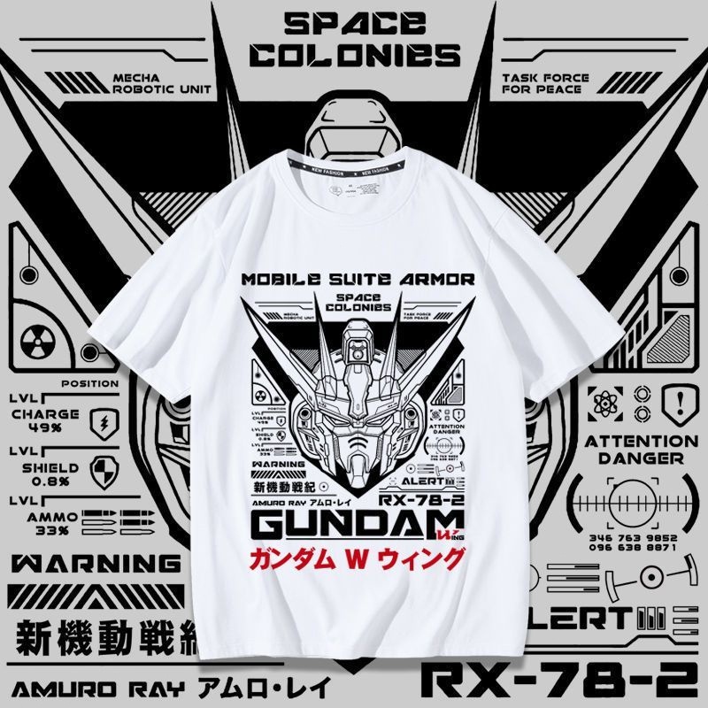 เป็นที่นิยม！ Mobile Suit Gundam Anime เสื้อยืดผ้าฝ้ายพิมพ์ลายแบรนด์ร่วมแขนสั้นเสื้อยืดผู้ชายฤดูร้อนใหม่ Unisex