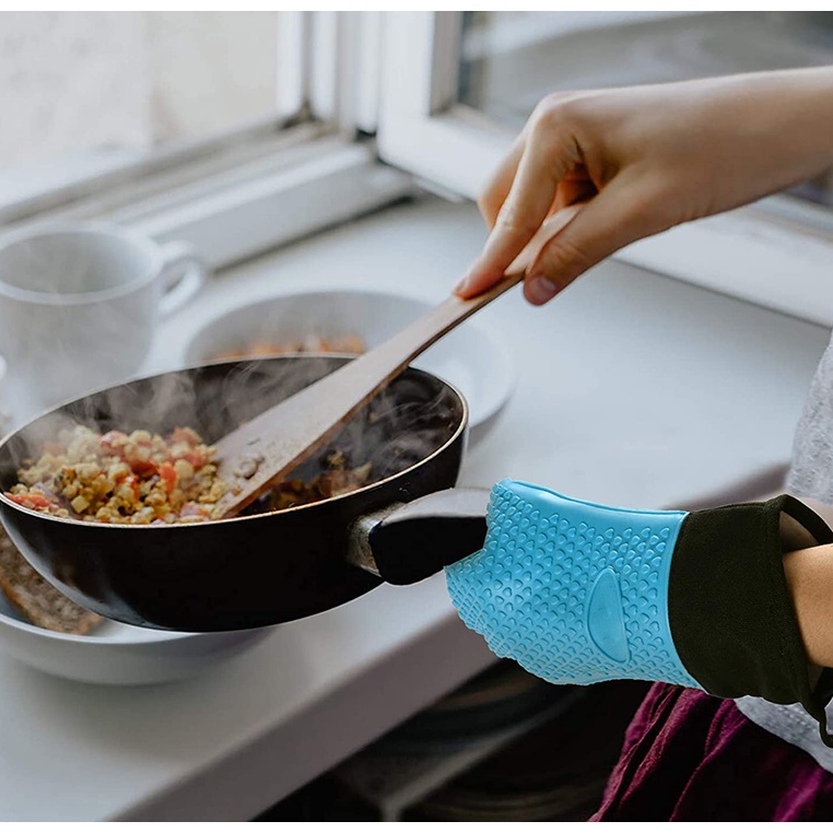 ถุงมือเตาอบ แบบสองชั้น ทนความร้อน เบเกอรี่ พร้อมซิลิโคน และผ้าฝ้าย ถุงมือครัว ยืดหยุ่นได้ (2182L)