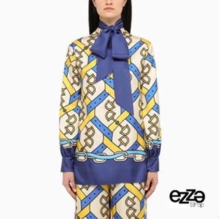 GUCCI BELTED PRINTED SILK TWILL BLOUSE เสื้อเชิ๊ต เสื้อเชิ้ต ลายเกือกม้า สวยหรู แต่งผ้าผูกเอว กุชชี่