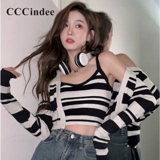 Cccindee ใหม่ ชุดเสื้อยืดแขนยาว คอกลม ผ้าถัก ลายทาง ทรงสลิมฟิต แฟชั่นสําหรับสตรี 2023