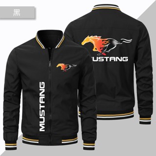 เสื้อแจ็กเก็ตเบสบอล แต่งซิป แบบบาง ป้องกันลม ลายโลโก้ Mustang เหมาะกับใส่ขับขี่กลางแจ้ง