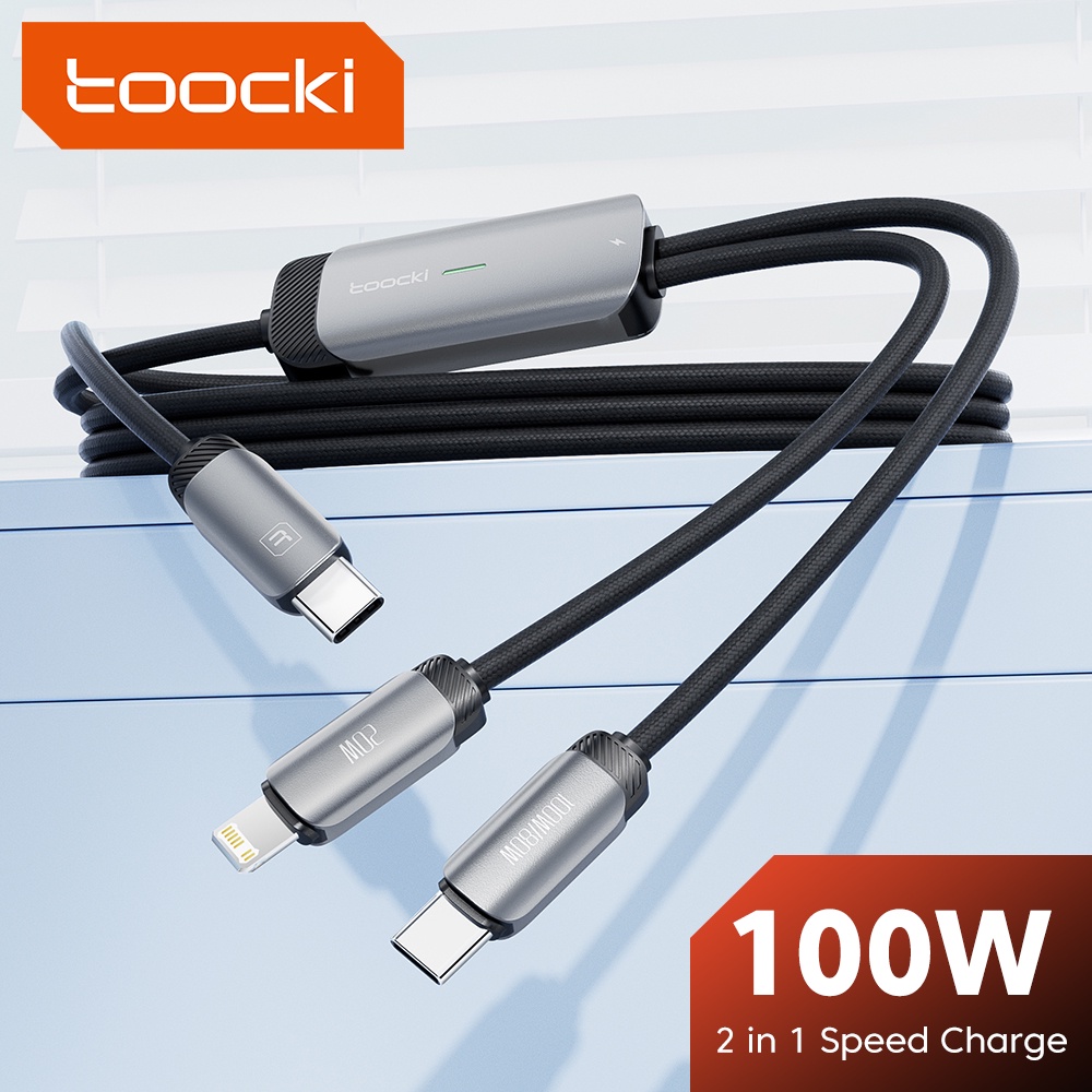 Toocki 2 in 1 PD สายชาร์จข้อมูลได้อย่างรวดเร็ว 100W ประเภท C ถึง C / lOS สายไฟเบอร์ออปติกแบบมัลติฟังก์ชั่น PD สายชาร์จไฟได้อย่างรวดเร็ว
