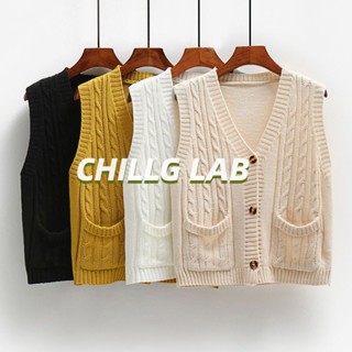 CHILLG LAB ท็อปส์ซูของผู้ชายย้อนยุคบิดเสื้อสเวตเตอร์ถักเสื้อสเวตเตอร์ถักสั้นเสื้อโค้ทฤดูใบไม้ผลิและฤดูใบไม้ร่วงคอวีแขนกุดถักเสื้อกั๊ก