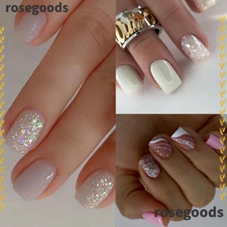 Rosegoods1 เล็บปลอมแฟชั่น สีชมพู สีขาว ถอดออกได้ สําหรับร้านเสริมสวย