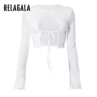 Relagala ใหม่ เสื้อยืดลําลอง แขนยาว เข้ารูป สีพื้น ฉลุลาย เรียบง่าย แฟชั่นสําหรับสตรี 2023