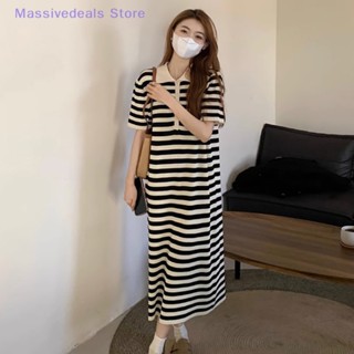 Massivedeals ใหม่ ชุดเดรสยาว ทรงเอ แขนสั้น ลายทาง แนวสตรีท แฟชั่นฤดูร้อน สําหรับสตรี