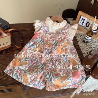 Korean childrens clothing 2023 Summer new girls flying sleeve top childrens floral one-piece shorts suspender pants two-piece set RORY