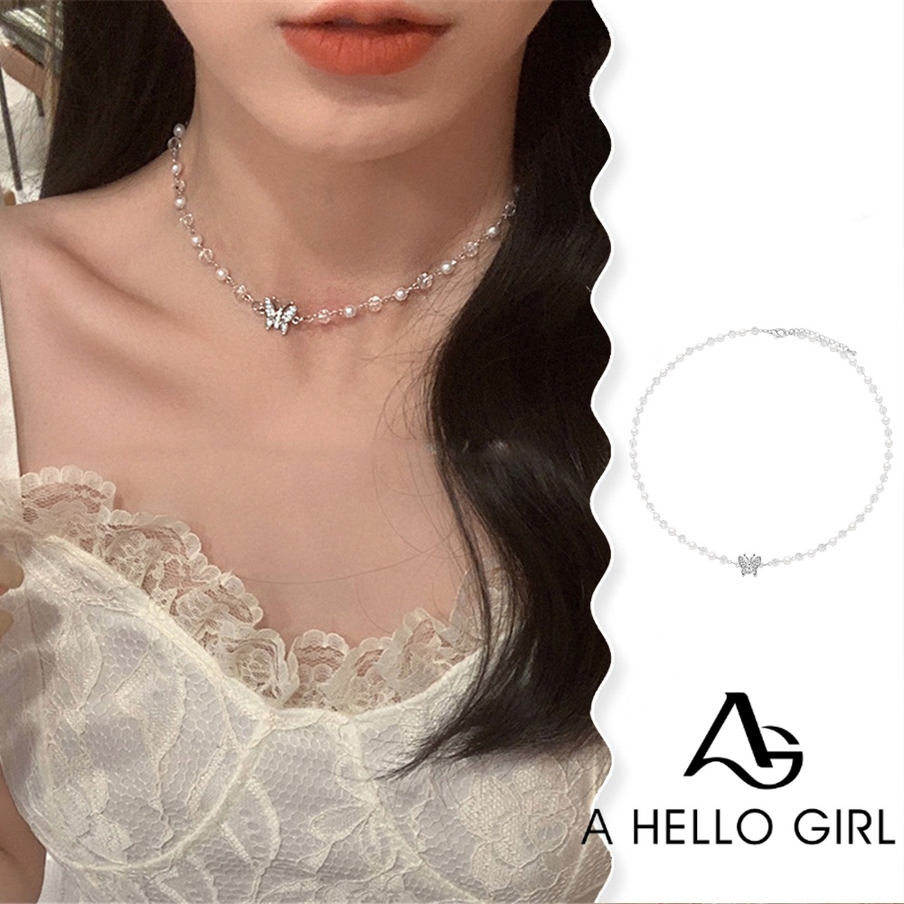 A HELLO GIRL สร้อยคอโชคเกอร์ ประดับไข่มุกคริสตัล รูปผีเสื้อ เครื่องประดับ แฟชั่นสําหรับผู้หญิง
