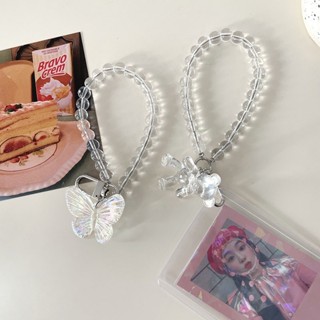 New INS Bracelet Beaded Laser Bear Butterfly Keychain Girl Heart Earphone Bag Pendant Mobile Phone Chain Flower