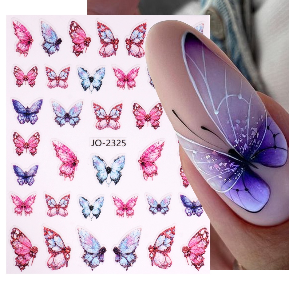 สติกเกอร์ติดเล็บ ลายผีเสื้อ 3D สีชมพู สีฟ้า สีสันสดใส สําหรับตกแต่งเล็บ SAJO