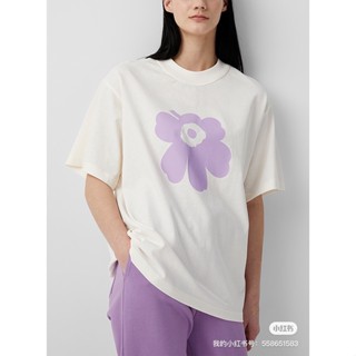 เสื้อยืดแขนสั้น ผ้าฝ้าย พิมพ์ลายดอกไม้ Finland Marimekko Kioski สีม่วง แฟชั่นฤดูร้อน