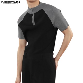 Incerun เสื้อยืดแขนสั้น มีซิป สีตัดกัน สําหรับผู้ชาย