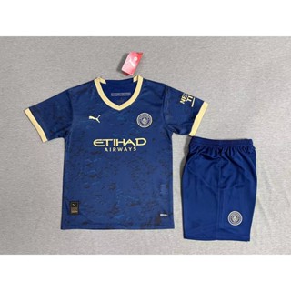 เสื้อกีฬาแขนสั้น ลายทีมชาติฟุตบอล Manchester City 2324 ชุดเยือน และกางเกงขาสั้น ไซซ์ 16-28 สีน้ําเงินเข้ม สําหรับเด็กผู้ชาย ทุกเพศ