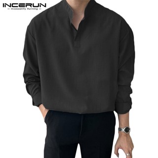 Incerun เสื้อเชิ้ตแขนยาว คอปกตั้ง แบบบาง แบบสวมหัว