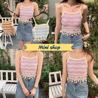 Mini shop🌸พร้อมส่ง🌸 (3618) เสื้อสายเดี่ยวถักไหมพรม ดีเทลหิ้วๆปลายเสื้อ สีพาสเทล  -WY