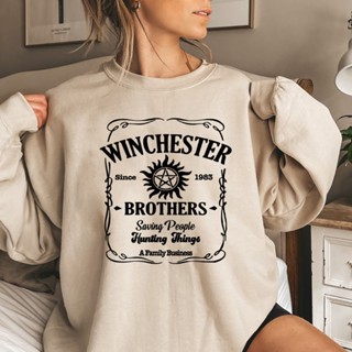 เสื้อกันหนาว คอกลม มีฮู้ด ลาย Sam and Dean Winchester Brothrs สไตล์วินเทจ สําหรับผู้ชาย และผู้หญิง