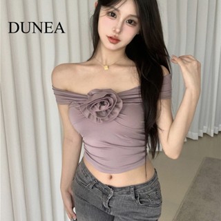 Dunea เสื้อยืด เปิดไหล่ ลายดอกไม้ เซ็กซี่ สไตล์เกาหลี สําหรับผู้หญิง