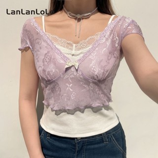 Lanlanlolo เสื้อท็อปแขนสั้น คอวี ผ้าลูกไม้ สีพื้น สองชิ้น สําหรับผู้หญิง 2023