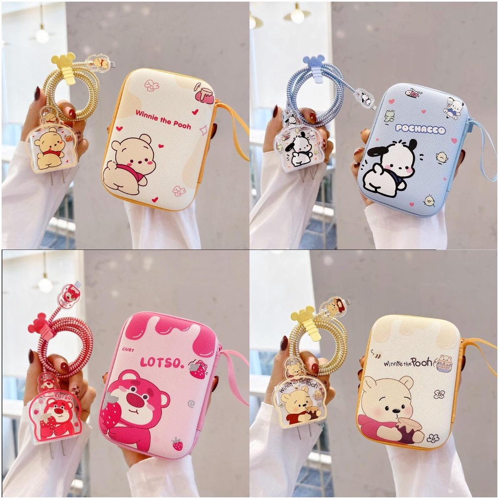 เคสโทรศัพท์มือถือ กันกระแทก ลายการ์ตูนหมีพูห์น่ารัก พร้อมที่ม้วนเก็บสายชาร์จ และสายข้อมูล แบบพกพา สําหรับ iPhone 13 pro max 14 11 12