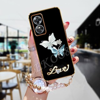 เคสมือถือ แบบนิ่ม ลายผีเสื้อ ประดับเพชร พร้อมสายคล้อง สําหรับ OPPO A58 A78 4G 2023