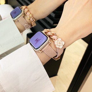 สายนาฬิกาข้อมือหนัง โซ่โลหะ แบบบางพิเศษ หรูหรา สําหรับ Smart Watch Band Series 7 8 SE 6 5 4 3 2 Ultra iWatch 41 45 40 44 38