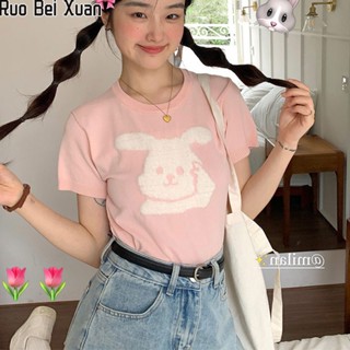 Ruo Bei Xuan ผู้หญิงใหม่สไตล์เกาหลีสั้นสาวร้อนความรู้สึกด้านบนตุ๊กตากระต่ายถักแขนสั้น