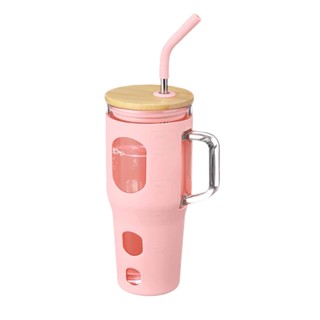 32oz Reusable Large Capacity Portable Easy Clean Ergonomic Handle With Straw Bamboo Lid Measurement Scale Glass Tumbler