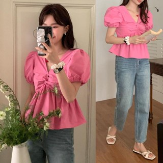 เสื้อเชิ้ต คอวี แขนพอง แบบบิด สไตล์ฝรั่งเศส วินเทจ สําหรับผู้หญิง
