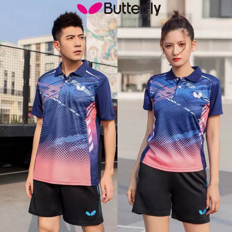 เสื้อกีฬาแขนสั้น แบบแห้งเร็ว ระบายอากาศได้ดี ลายผีเสื้อ สําหรับผู้ชาย และผู้หญิง ใส่แข่งปิงปอง