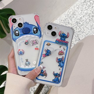 เคสโทรศัพท์มือถือแบบนิ่ม ใส กันกระแทก ลายการ์ตูน Stitch พร้อมช่องใส่บัตร สีเหลือง สําหรับ IPhone 14 Pro MAX 14 Plus 13 Pro MAX 12 Pro MAX 11 Pro MAX XS MAX XR 8 Plus