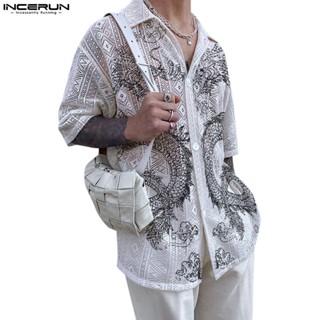 Incerun เสื้อเชิ้ตแขนสั้น พิมพ์ลายมังกร แฟชั่นสําหรับผู้ชาย