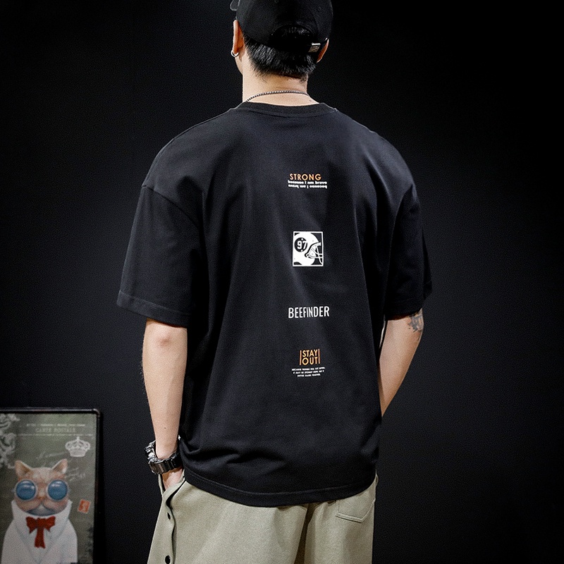Kazuki Kuraishi ผ้าฝ้ายแขนสั้นเสื้อยืดผู้ชาย ins แฟชั่นแบรนด์ฤดูร้อนใหม่หลวมครึ่งแขน