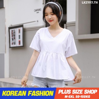 Plus size เสื้อผ้าสาวอวบ❤ เสื้อยืดสาวอวบอ้วน ไซส์ใหญ่ ผู้หญิง ทรงหลวม แขนสั้น คอวี สีขาว ฤดูร้อน สไตล์เกาหลีแฟชั่น