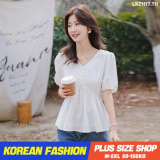 Plus size เสื้อผ้าสาวอวบ❤ เสื้อสาวอวบอ้วน ไซส์ใหญ่ ผู้หญิง ทรงหลวม แขนสั้น คอวี สีขาว ฤดูร้อน สไตล์เกาหลีแฟชั่น