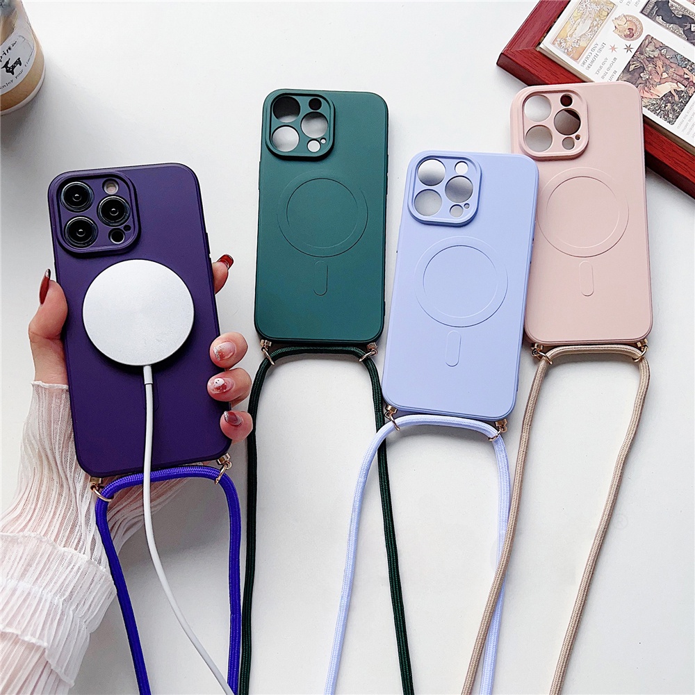 Iphone 11 12 13 14 15 Pro Max 14 15 Plus สายคล้อง สะพายข้าง ซิลิโคนเหลว เคสแม่เหล็ก สร้อยคอ เชือก ไร้สาย ฝาครอบชาร์จ