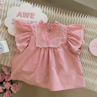 เสื้อเชิ้ตแขนพอง สีชมพูหวาน แฟชั่นฤดูร้อน สําหรับเด็กผู้หญิง 2023