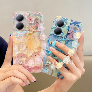 ใหม่ เคสโทรศัพท์มือถือนิ่ม ลายภาพวาดสีน้ํามัน รูปดอกไม้ ประดับเพชร คริสตัล สไตล์วินเทจ พร้อมสร้อยข้อมือ สําหรับ VIVO Y36 Y78 4G 5G Y02T Y02A Y36 5G