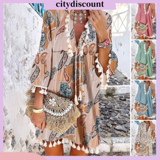 &lt;citydiscount&gt; ชุดมินิเดรส แขน 3/4 พิมพ์ลาย สไตล์โบฮีเมียน ทรงหลวม สําหรับผู้หญิง