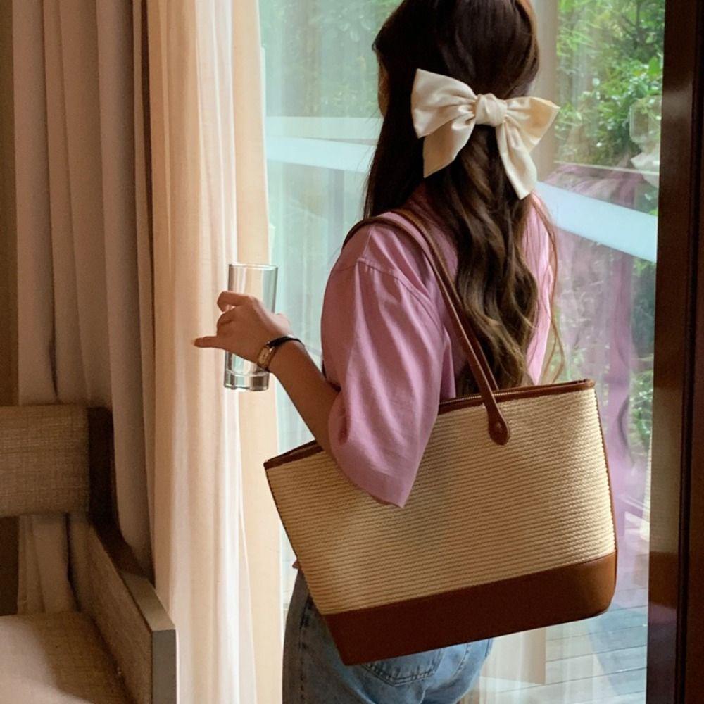 Bubble Straw Beach Bag, กระเป ๋ าสะพายไหล ่ สีตัดกันขนาดใหญ ่ , กระเป ๋ าสะพายข ้ างทอแฮนด ์ เมดกระเป ๋ าเดินทาง