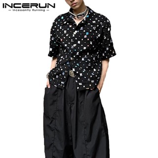 Incerun เสื้อเชิ้ตแขนสั้น ทรงสี่เหลี่ยม พิมพ์ลาย สีสันสดใส สําหรับผู้ชาย