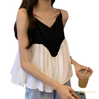 เสื้อกล้ามแขนกุด คอวี แต่งระบาย ลาย Peplum Hem Babydoll