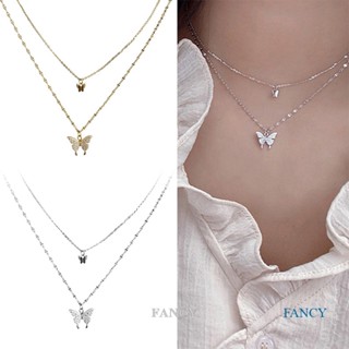 Fancy สร้อยคอโซ่ จี้ผีเสื้อ แวววาว ดับเบิล ไหปลาร้า ของขวัญครบรอบ สําหรับผู้หญิง