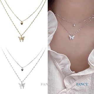 Fancy สร้อยคอโซ่ จี้ผีเสื้อ แวววาว ดับเบิล ไหปลาร้า ของขวัญครบรอบ สําหรับผู้หญิง