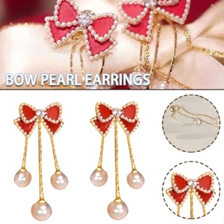 New Fashion Pearl Tassel Earrings Red Bowknot Pearl Earrings Women Jewelry