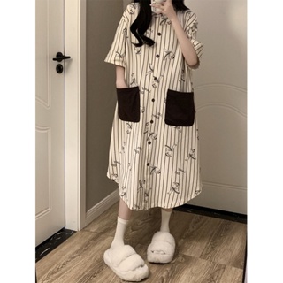 Large size 250kg ice silk nightgown womens striped rabbit short sleeve shirt summer new long pajamas home clothes