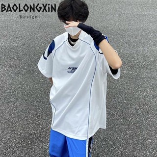 BAOLONGXIN ผู้ชายเสื้อยืดถนนสูงพิมพ์ขนาดใหญ่พิเศษทำงานแขนสั้นออกแบบความรู้สึกย้อนยุคคู่ท็อปส์ซู