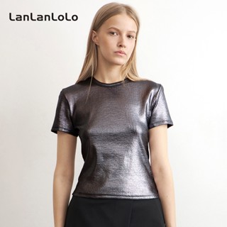 Lanlanlolo เสื้อยืดลําลอง แขนสั้น คอกลม เข้ารูป สีพื้น แฟชั่นสําหรับสตรี 2023