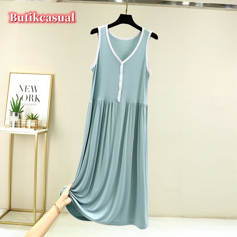 ผู้หญิง Modal ผ้าฝ้ายจีบชุดชุดนอนหัวเข็มขัด v คอแขนกุดชุดลําลองฤดูร้อน Loungewear ชุดลําลอง